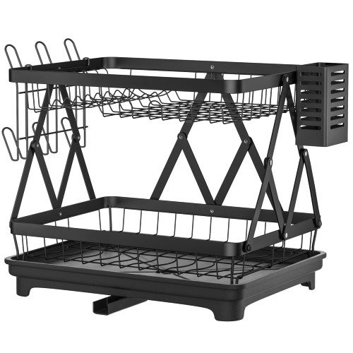 VOGWOLTH 2 Tier Collapsible Dish Drying Rack with Drainboard for Kitchen Counter Plate Holder Dishes Drainer Dryer Dishrack Dry Stand Folding Countertop Organizer Accessories