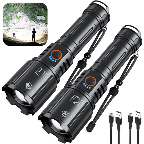 Rechargeable Flashlights High Lumen 2 Pack, 250000 Lumens Super Bright 5000mAh High Capacity LED Flashlight with 5 Modes, Powerful Handheld Flash Light for Camping Emergencies,Waterproof,Zoomable Rechargeable Flashlights High Lumen 2 Pack, 250000 Lumens Super Bright 5000mAh High Capacity LED Flashlight with 5 Modes, Powerful Handheld Flash Light for Camping Emergencies,Waterproof,Zoomable