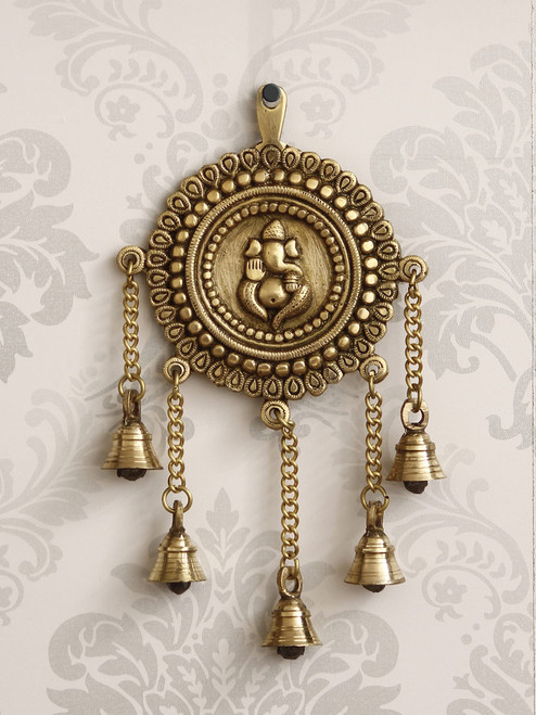 eCraftIndia Lord Ganesha Decorative Brass Wall Hanging With 5 Bells, Gold, (Bgg519) One Size