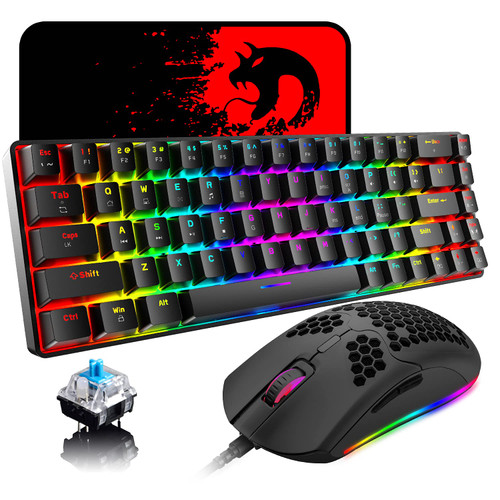 60% Mechanical Gaming Keyboard Mini 68 Keys Wired Type C 18 RGB Backlight Effects,Lightweight RGB 6400DPI Honeycomb Mouse,Large Mouse Pad Compatible With PS4,Xbox,PC,Laptop,MAC (black/blue switch)