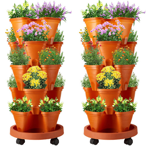 Umigy 2 Set 5 Tier Stackable Planter with Movable Casters and Bottom Saucer Vertical Gardening Planter Garden Planter for Growing Flower Herb Strawberries Vegetables Succulents Indoor Outdoor Planters