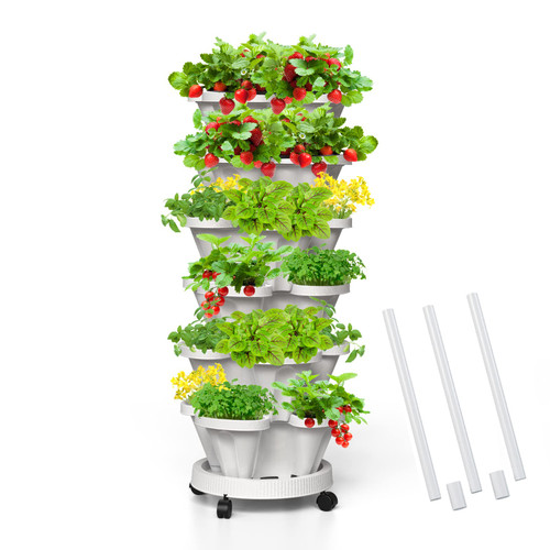Tectsia Strawberry Vertical Planters, 6 Tiered Stacking Tower Garden with Support Pole, Stackable Herb Vegetable Planters Indoor and Outdoor - White