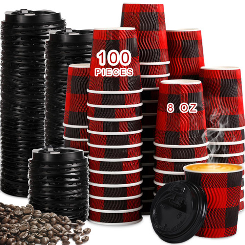 100 Pcs Christmas Disposable Coffee Cups Insulated Ripple Wall Paper Cup with Lid, Red Buffalo Plaid Disposable Coffee Espresso Cups Tea Cups for Cold Hot Drinking Christmas Party Supplies (8 oz)