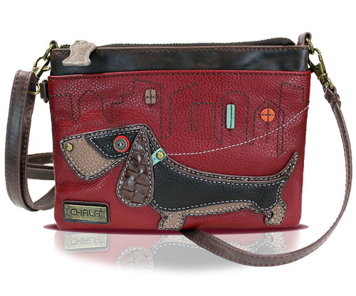 CHALA Mini Crossbody Handbag, Multi Zipper, Pu Leather, Small Shoulder Purse Adjustable Strap - Wiener Dog - Burgundy