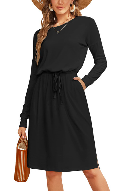 Women Fall Long Sleeve Cotton Funeral Midi Knee Blouson Casual Dress Black XXL