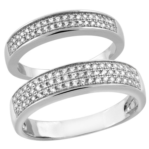 Sterling Silver Micro Pave Cubic Zirconia Wedding Ring 2-Piece Set 5 mm Him & Hers 4 mm, Ladies' size 5.5