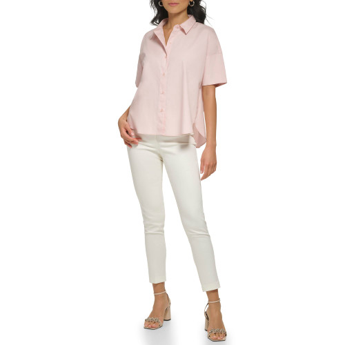 Calvin Klein Women's Poplin Hi Lo Short Sleeve Button Down Blouse, Petal