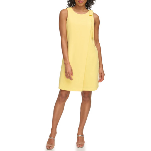 DKNY Women's Jewel Neck Sleeveless Dress with Bow On Shoulder, Lemonade, 6