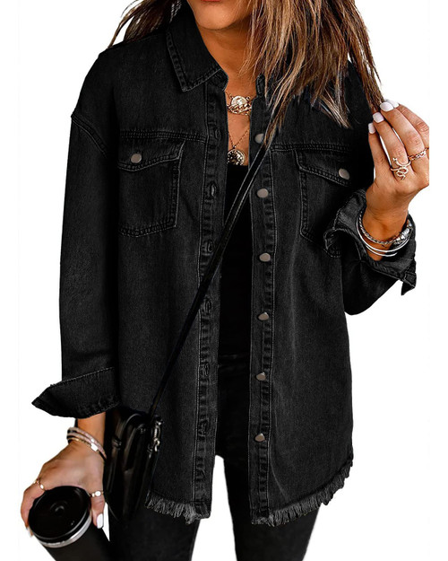 Vetinee Women's Concert Outfits for Women Oversized Boyfriend True Black Front Button Up Frayed Raw Hem Long Sleeve Pockets Denim Jean Jacket Shacket X-Large Size 16 Size 18