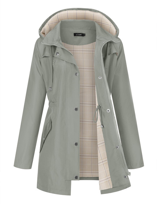 LOMON Women Rain Jacket Lightweight Hooded Jackets Women Lined Trench Coats Waterproof Outdoor Hiking Raincoat Grey XL (Big Plaid Lining)