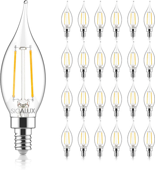 Sigalux E12 LED Bulb Candelabra Base 60 watt LED Chandelier Light Bulbs Dimmable, Flame Tip Candelabra LED Bulbs, 4.5W, 500LM 5000K Daylight, CA10 Candle Light Bulbs, 24 Packs