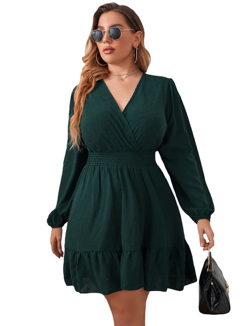 MakeMeChic Women's Plus Size Swiss Dots Long Sleeve V Neck Ruffle A Line Swing Short Dress Dark Green 1XL