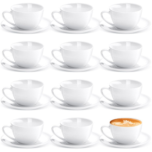Maxdot 12 Set Porcelain Cappuccino Cups with Saucers White Ceramic Coffee Tea Cups and Saucers Espresso Cappuccino Mug Latte Art Cup for Cafe Mocha Barista Coffee Shop (5.5 OZ)