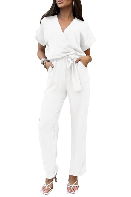 PRETTYGARDEN Women's Jumpsuit Casual Short Sleeve Wrap V Neck Belted Wide Leg Pants (White,Medium)