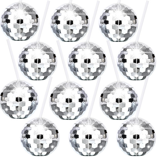 TIRYIUOU 12Pcs Disco Ball Cups with Lid and Straw Silver Spherical Disco Ball Cup Flash Disco Cups for Party, Nightclub, Bar, Club, 20oz