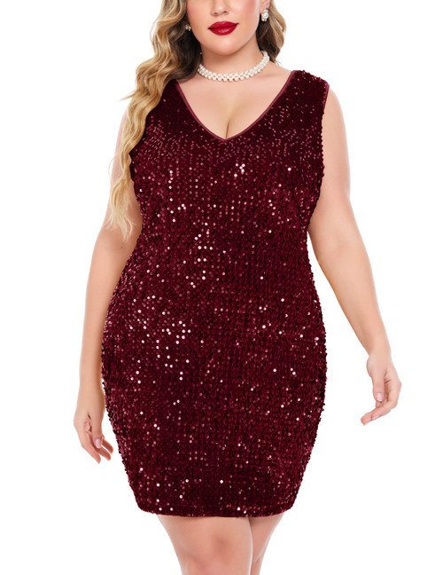 IN'VOLAND Womens Sequin Dress Plus Size Sexy V Neck Party Cocktail Bodycon Formal Glitter Sleeveless Mini Dresses Wine Red