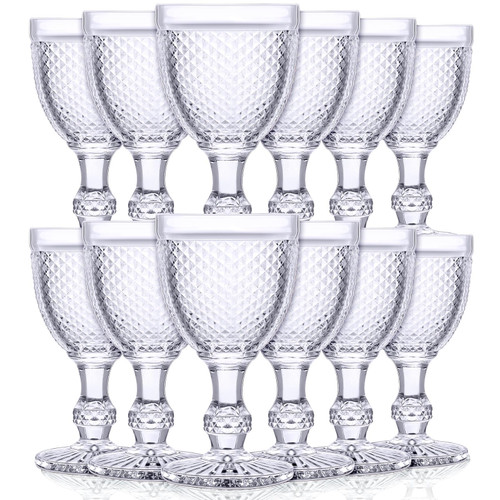 Bokon 12 Pack Wine Glasses Red Wine Glass Goblets High Clear Wine Glass 10 oz Vintage Glass Goblet Embossed Diamond Design Glassware Goblet with Stem for Juice Liquor Party Wedding Bar (Clear)