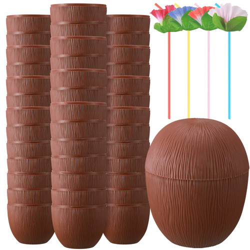 36 Pieces Coconut Cups with 36 Pieces Flower Straws Tropical Coconut Drink Cups Plastic Hawaii Party Cups with Straws for Hawaiian Luau Tiki and Beach Summer Theme Party Decoration for Kids and Adults