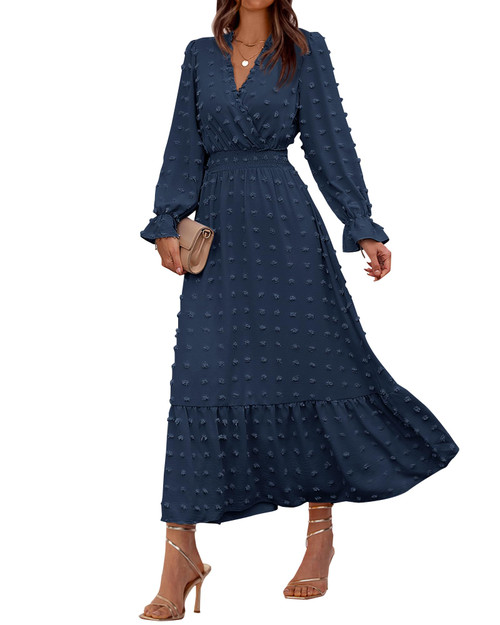 BTFBM Women Fall Dresses 2023 Long Sleeve V Neck Swiss Dots Maxi Dress Boho Long Dress High Waisted A-Line Ruffle Dress(Solid Navy,Large)