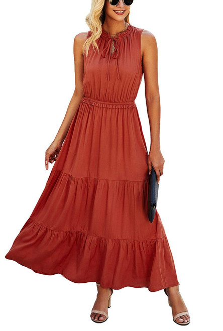 KIRUNDO 2023 Summer Women's Sleeveless Maxi Dress Solid Color Tie Round Neck High Waist Ruffle Hem A-Line Dresses(Small, Brick Red) KIRUNDO 2023 Summer Women's Sleeveless Maxi Dress Solid Color Tie Round Neck High Waist Ruffle Hem A-Line Dresses(Small, Brick Red)