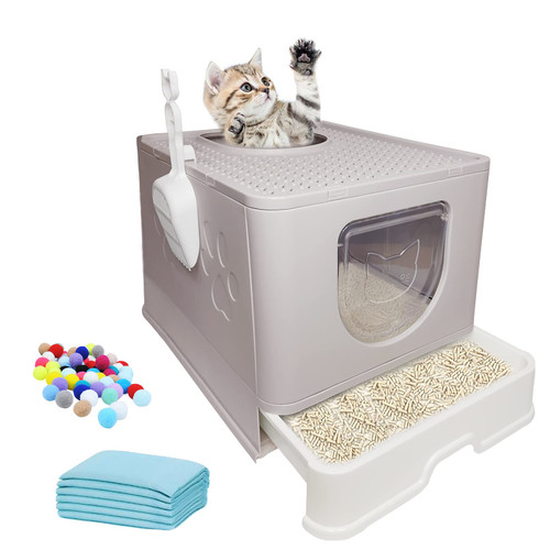 Hamiledyi Foldable Cat Litter Box with Lid, Large Litter Box with Drawer Enclosed Kitty Litter Pan, Top Entry Type Cat Potty with Plastic Scoop Anti-Splashing & No Smell Easy to Scoop (Gray)