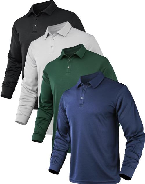 OYGSieg 4 Pack Men's Long Sleeve Polo Shirt Performance Quick Dry Collared Work Golf Hiking Casual Shirt SetB M