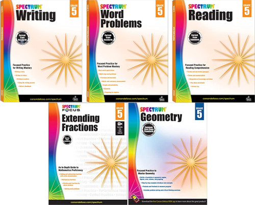 Carson Dellosa Spectrum Grade 5 5-book Set (Reading, Writing, Word Problems, Geometry, Extending Fractions)
