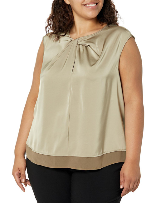 Calvin Klein Women's Plus Size Elegant Shiny Crepe Twist Neck Sleeveless Blouse, CHAI