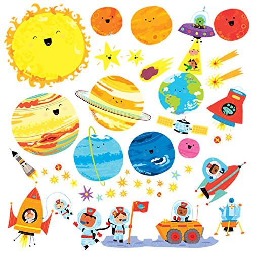 Decowall DW-1707 Planets and Space Kids Wall Decals Wall Stickers Peel and Stick Removable Wall Stickers for Kids Nursery Bedroom Living Room