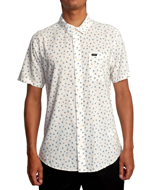 RVCA mens Slim Fit Short Sleeve Stretch Woven Up Button Down Shirt, Rvca Prints Woven/Antique White, Small US