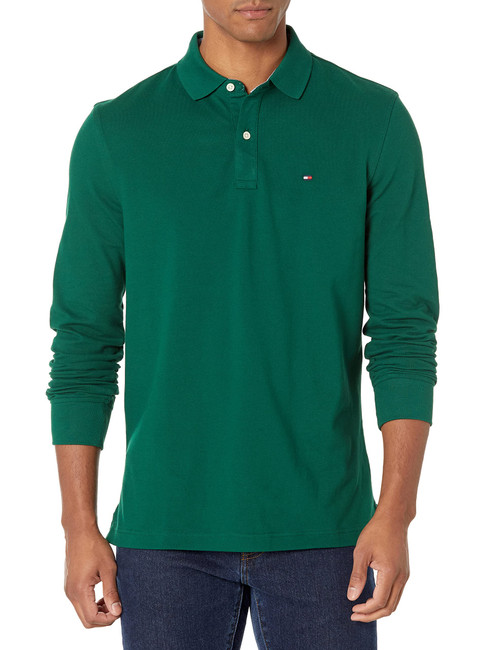 Tommy Hilfiger mens Long Sleeve in Regular Fit Polo Shirt, Azure Lagoon, Small US