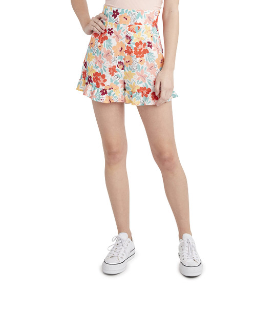 BCBGeneration Women's Woven Ruffle Hem Short, Floral, X-Small