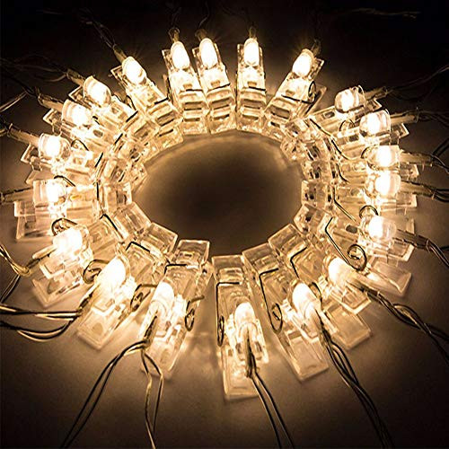 YUEJUNPENG Photo Clips String Lights, 16.4ft 50 LED Lights Battery Operated Fairy Lights for Hanging Photos Pictures Cards Memos Decoration Light for Bedroom Wedding Christmas Party, Warm White