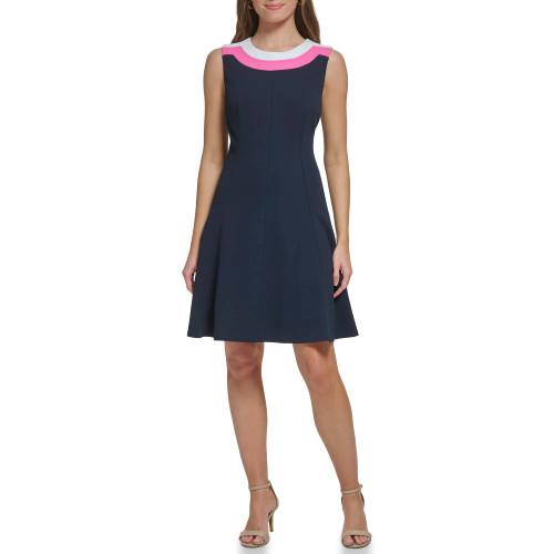 Tommy Hilfiger Women's Scuba Crepe Fit and Flare Dress, Sky Captain/Ivory/Carmine Rose, 2