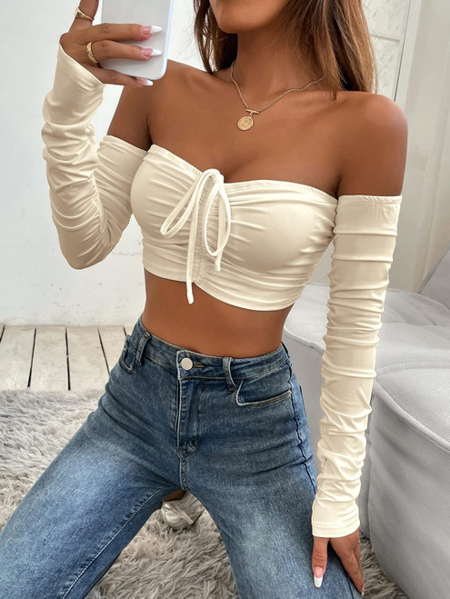 Womens Tops Off Shoulder Drawstring Ruched Crop Top (Color : Apricot, Size : XX-Small)