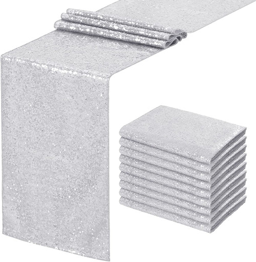 Poise3EHome Silver Table Runner,Sequin Wedding Table Runner Glitz Baby Shower Party Cake Table Decoration (12X108-10pcs, Silver)