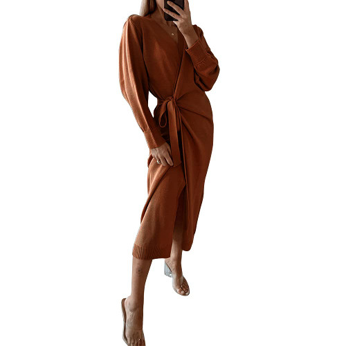 EXLURA Womens Knit Sweater Dress Casual Solid Long Sleeve Wrap Maxi Dresses with Belt Caramel