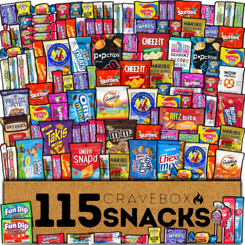 CRAVEBOX Snack and Candy Box (115 Count) Variety Pack Bundle Assortment Gift Basket Adults Kids Care Package Boyfriend Birthday Office College Gourmet Teen Boys Men Bouquets Students Food Back to School Halloween Treats