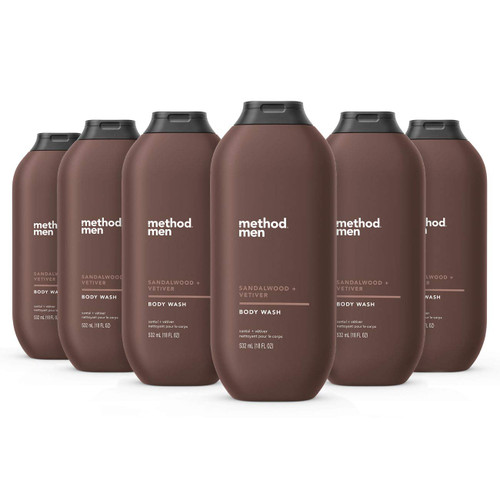 Method Men Body Wash, Sandalwood + Vetiver, Paraben and Phthalate Free, 18 FL Oz (Pack of 6)