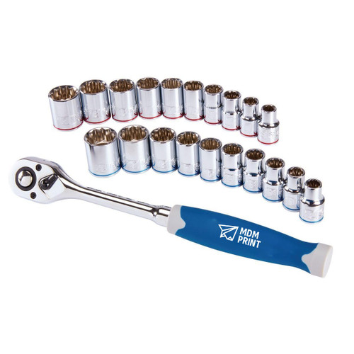 MDMprint 1/2 in. Drive SAE & Metric Chrome Socket and Ratchet Set, 21 Piece