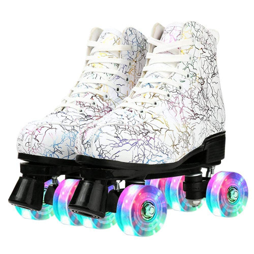 Roller Skates for Women and Men Cowhide High-Top Shoes Classic Double-Row Roller Skates Four-Wheel Roller Skates for Men Girls Unisex (Lightning White White Flash Wheel,41=US:7.5)