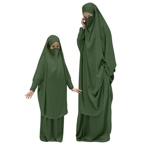 Kids Girls Muslim Dress Abaya Long Sleeve Islamic Kaftan Maxi Prayer Clothes Mommy and Me Matching Outfits Dubai Jilbab Modest Dress Two Pieces Long Khimar Skirt Full Length Dress Army Green One Size