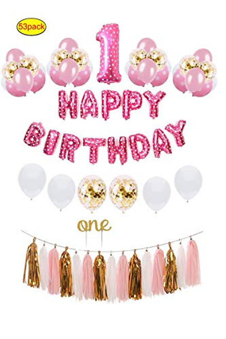 1st Birthday Decorations For Girl Kit, 1st Baby Girl Number 1 Balloon, Happy Birthday Balloons,"One" Cake Topper,lustrous Shiny Pink,White and Gold Confetti Balloons,Paper Tassels
