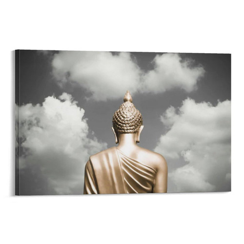 Posters Golden Buddha Back Wall Art Buddha Head Wall Art Thailand Hilltop Buddhist Wall Art Canvas Painting Posters And Prints Wall Art Pictures for Living Room Bedroom Decor 08x12inch(20x30cm) Frame