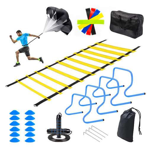 Agility Ladder Speed Training Equipment Set - Football Soccer Training Equipment for Kids, 4 Agility Hurdles, 20ft Agility Ladder, 12 Soccer Cones, Running Parachute, Jump Rope