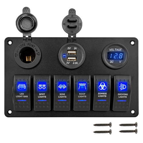 Anina 6 Gang Rocker Switch Panel with LED Digital Voltmeter, 12V/20A 24V/10A Toggle Switch Panel with Dual USB Charger Port, Cigarette Lighter, Laser Pattern Marine Switch Panel for Car ATV UTV Truck