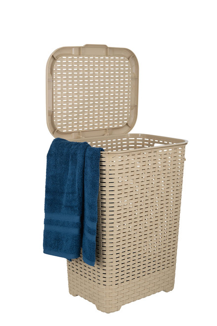 Superio Laundry Hamper Basket With Easy Open Lid 60 Liter Beige, Large Wicker Hamper, Dirty Cloths Storage With Two Cutout Handles, Laundry Room Bin