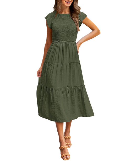 MEROKEETY Women's Flutter Short Sleeve Smocked Midi Dress Summer Casual Tiered A-Line Dress,ArmyGreen,S