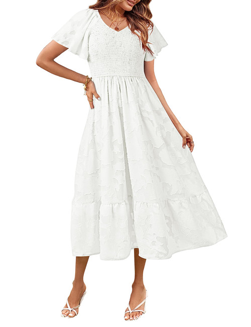 MEROKEETY Womens 2023 Summer V Neck Ruffle Sleeve Floral Dress Lace Flowy Smocked Midi Dresses,White,L