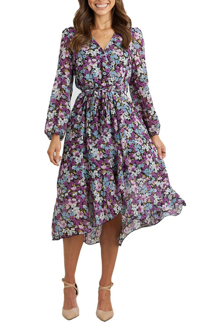 PRETTYGARDEN Women's Floral Print Boho Dress Long Sleeve Wrap V Neck Ruffle Belted A-Line Flowy Maxi Dresses (Floral Purple,Large)